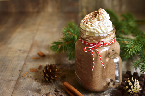 Hot Chocolate With Whipped Cream In A Mason Jar.