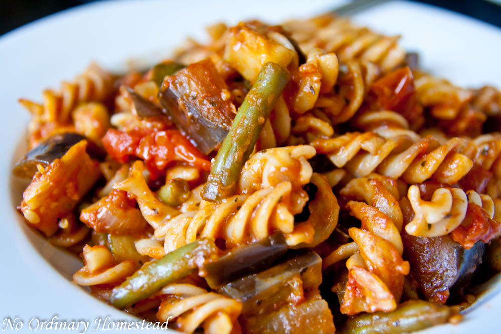 Fall vegetable pasta with zucchini, eggplant & green beans