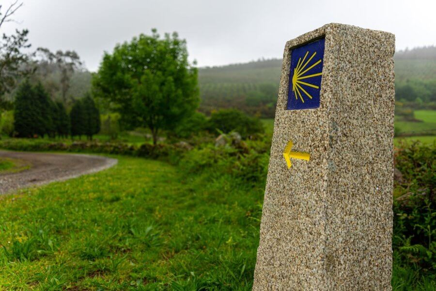 Blue and Yellow Waymark on the Camino de Santiago