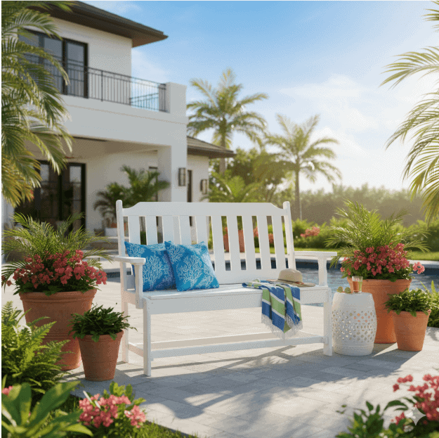 The Perfect White Outdoor Bench for a Brighter, More Welcoming Patio in Florida