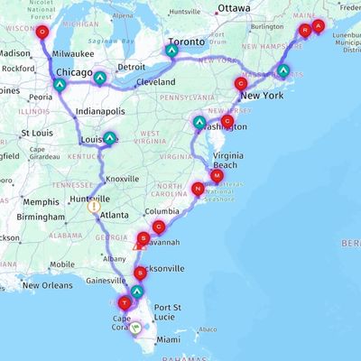 Map of the Lobstah Crawl 2027 route up the East Coast