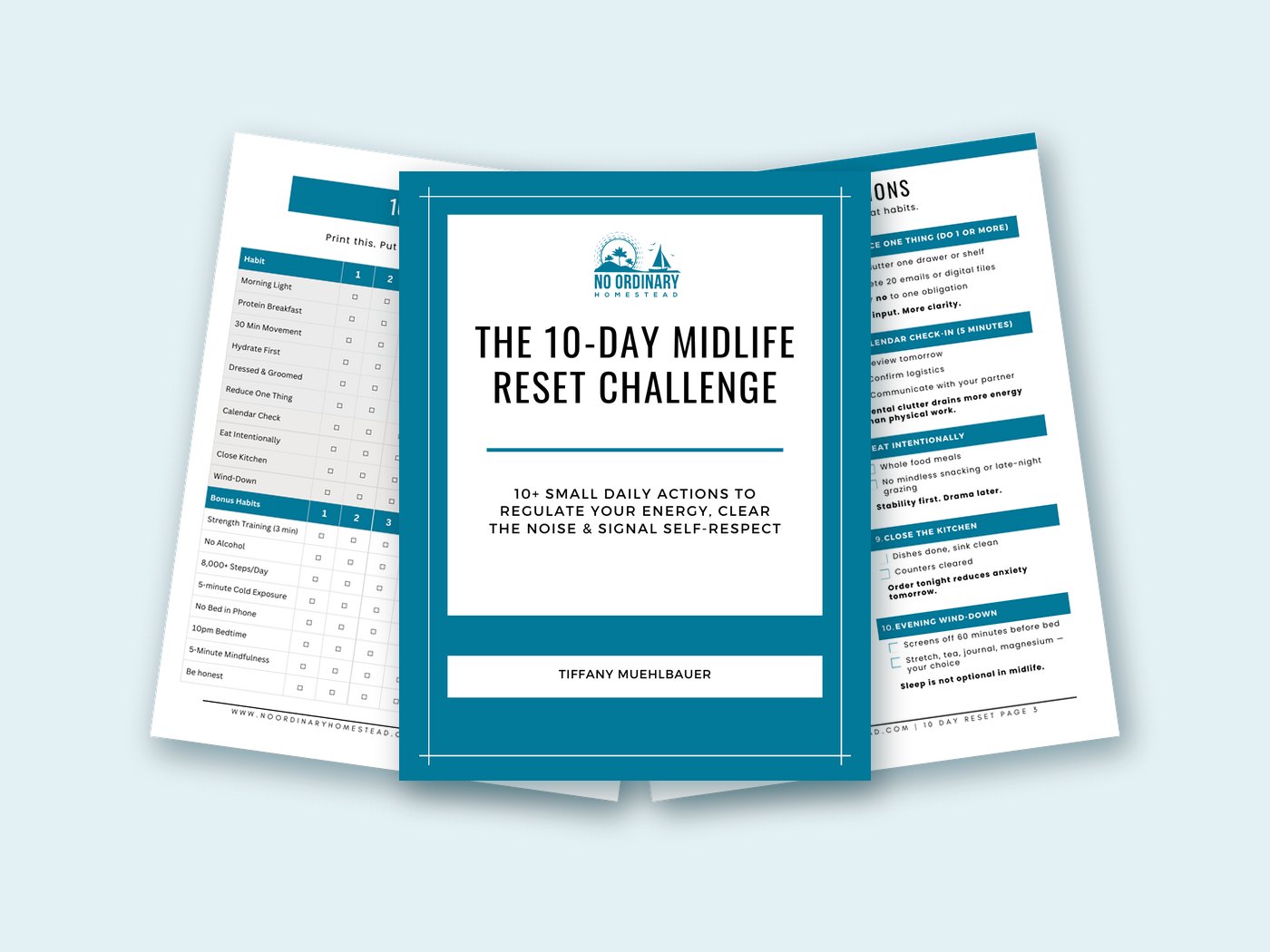 10-Day Midlife Reset Challenge printable checklist pages fanned out on a light blue background