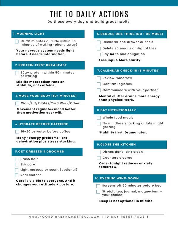The 10 daily actions page of the Midlife Reset Challenge printable