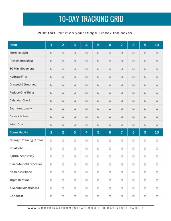 10-day habit tracking grid from the Midlife Reset Challenge printable