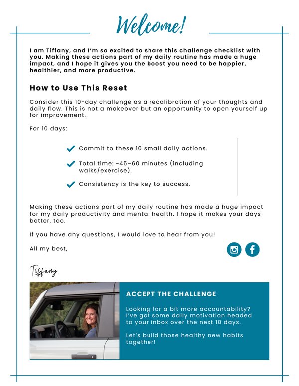 Welcome page of the 10-Day Midlife Reset Challenge printable