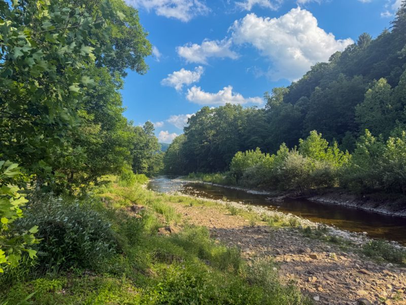 Green hills and a riverside trail near Bergton, Virginia