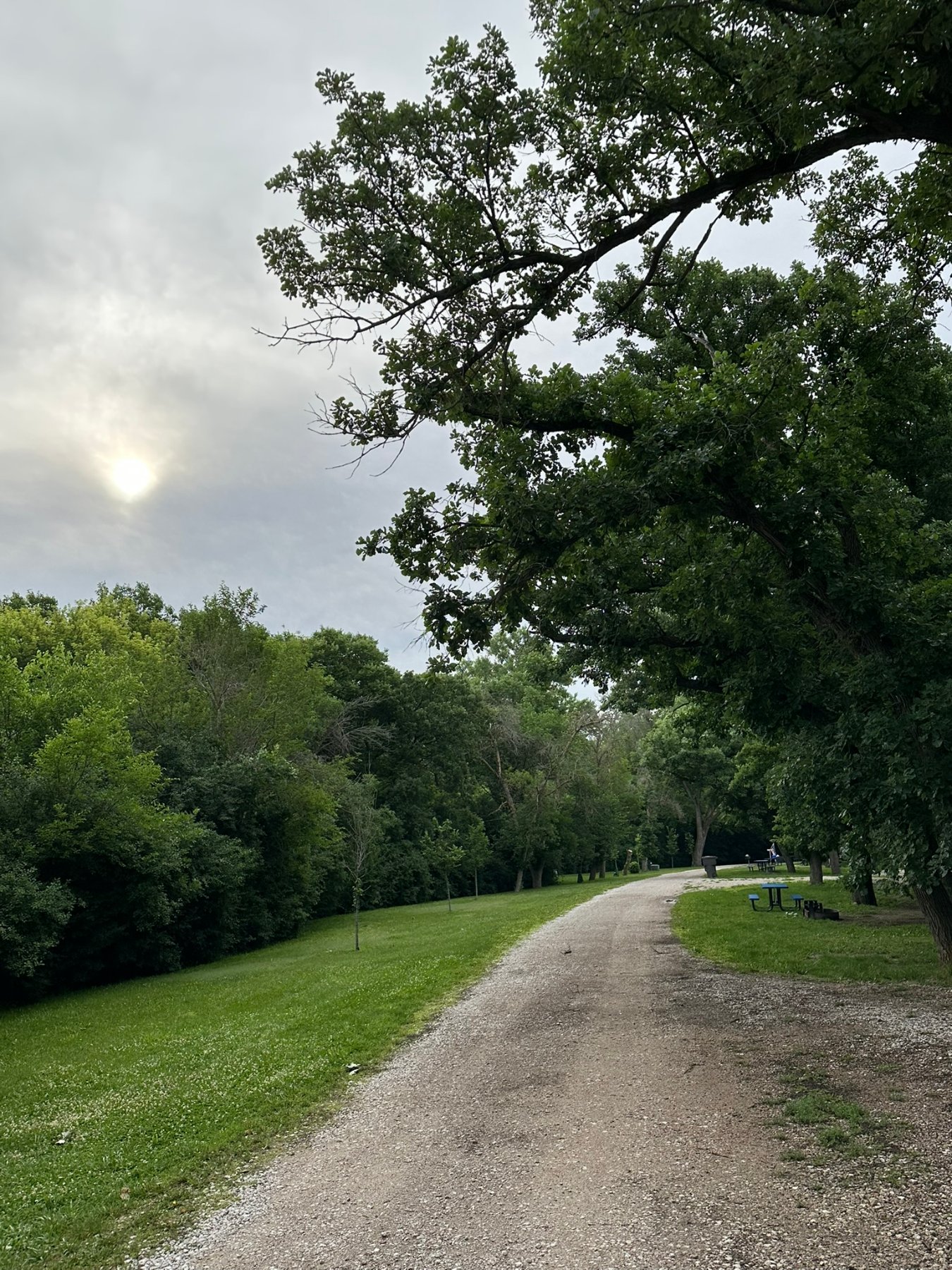 Tree-lined gravel walking trail around Ravenna Lake in Nebraska