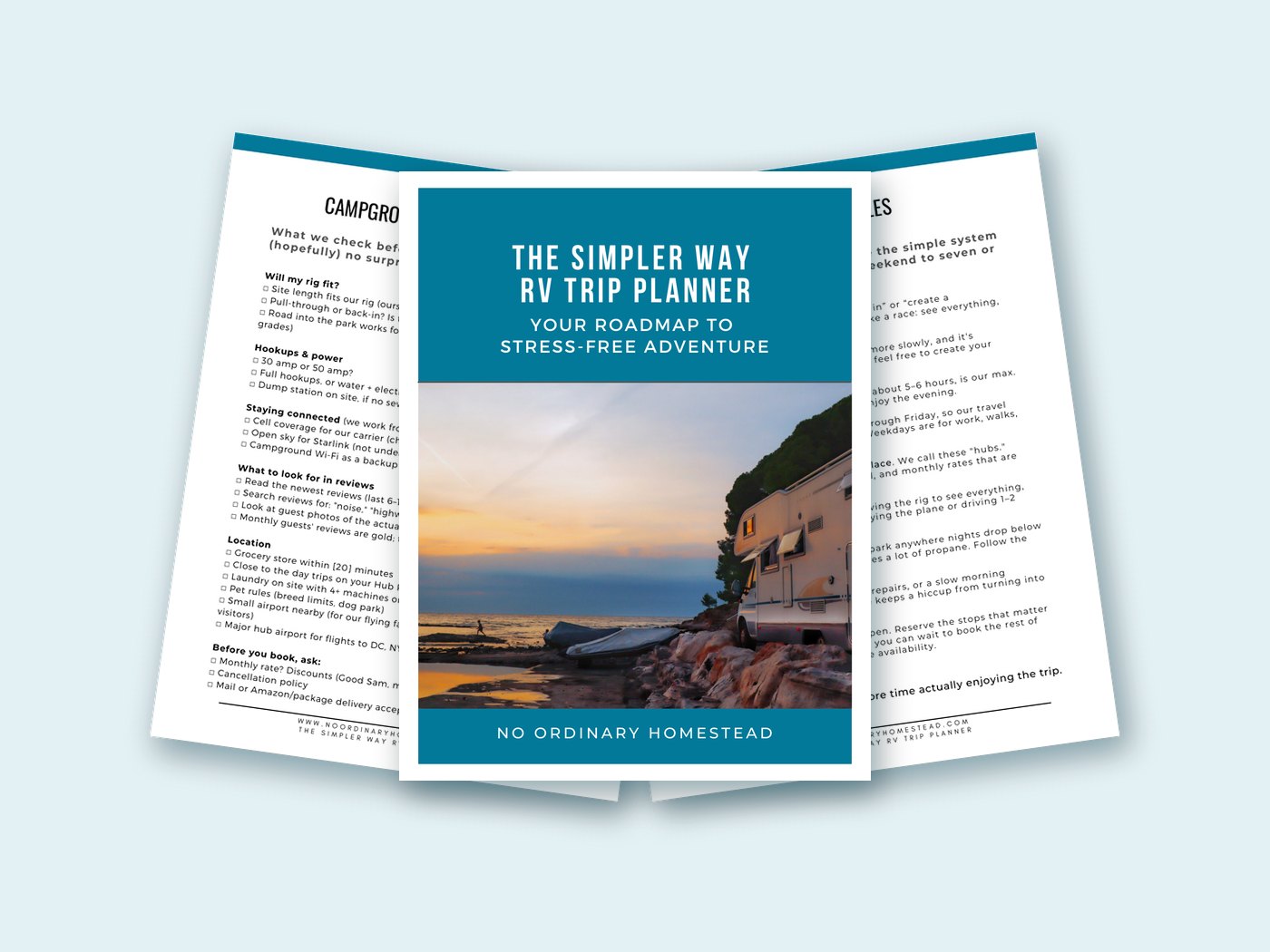 The Simpler Way RV Trip Planner cover with the planning rules and campground scouting pages behind it