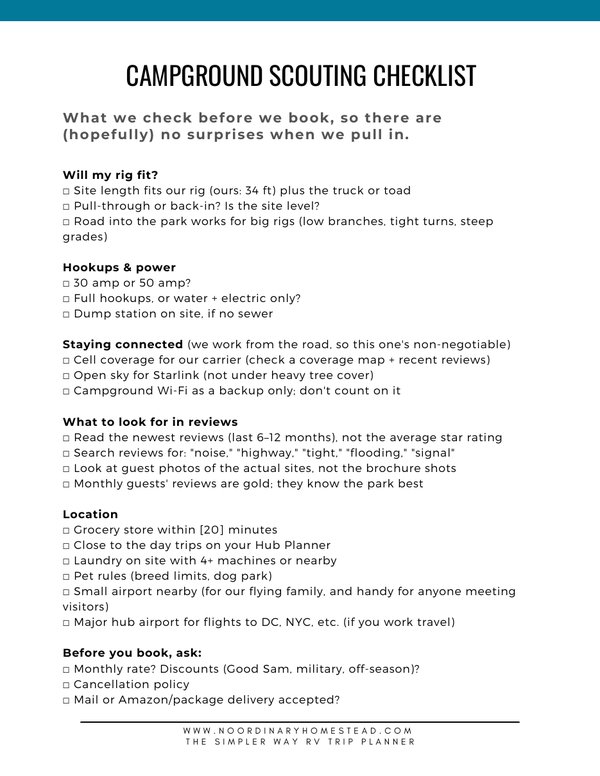 Campground Scouting Checklist page from the RV trip planner