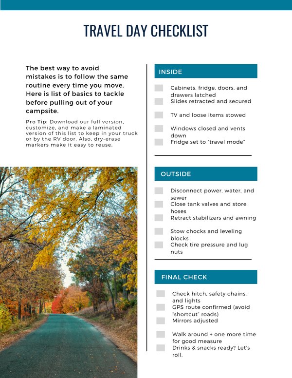Travel Day Checklist page from the RV trip planner