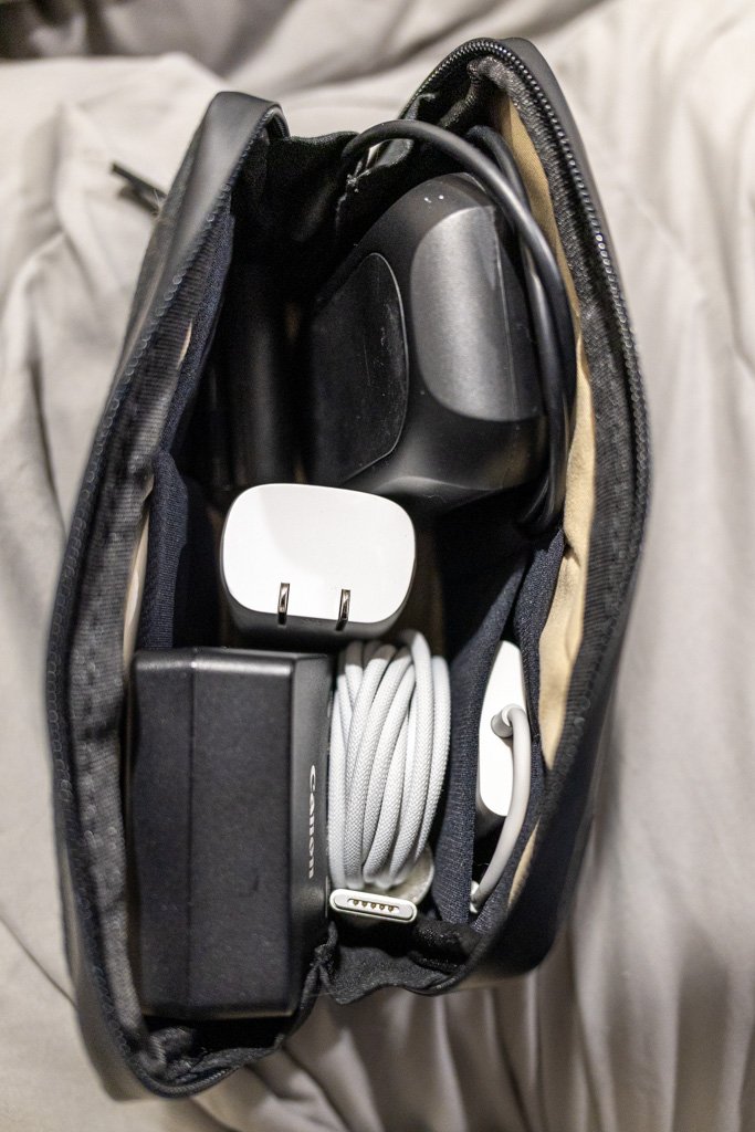 Inside the Native Union tech organizer: Belkin 67W charger, short USB-C cables and lapel mics