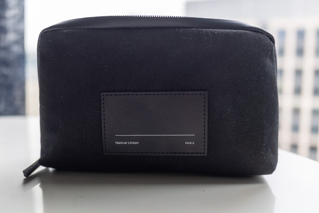 Black Native Union W.F.A Tech Organizer pouch on a hotel desk