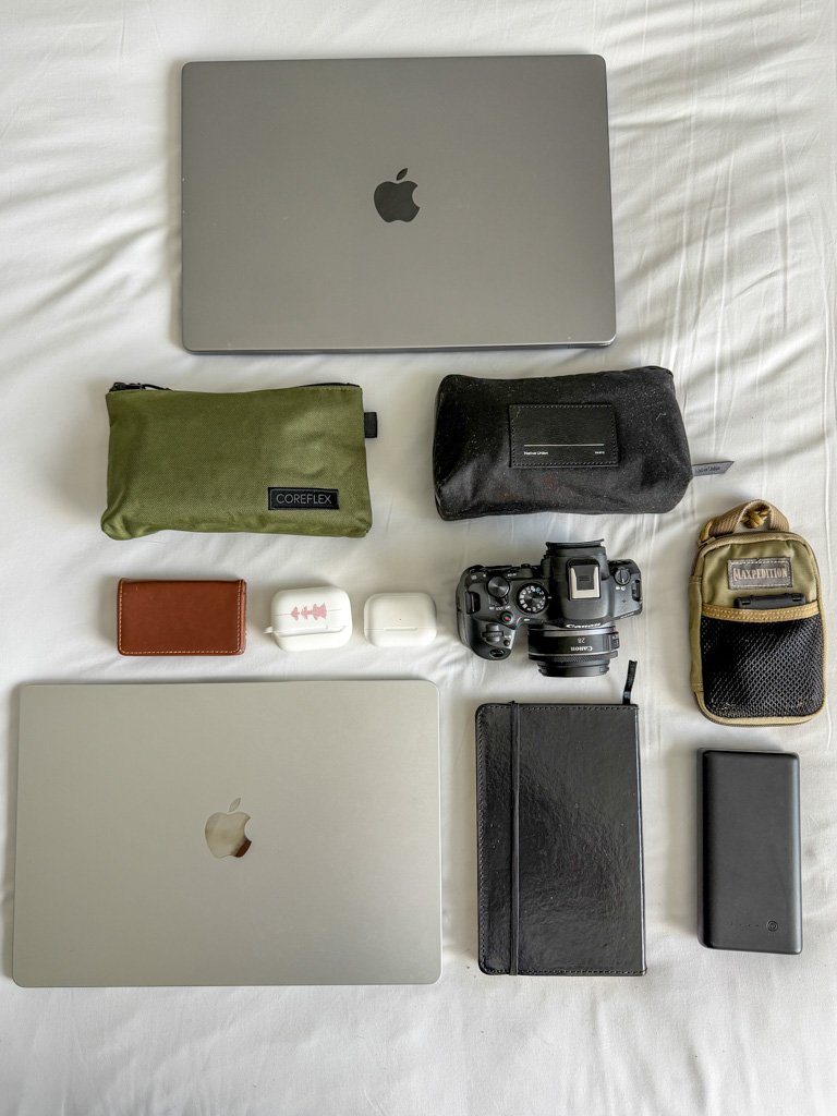Flat lay of everything in Stefan's work bag: two MacBooks, pouches, Canon R6 with 28mm lens, Moleskine notebook and chargers