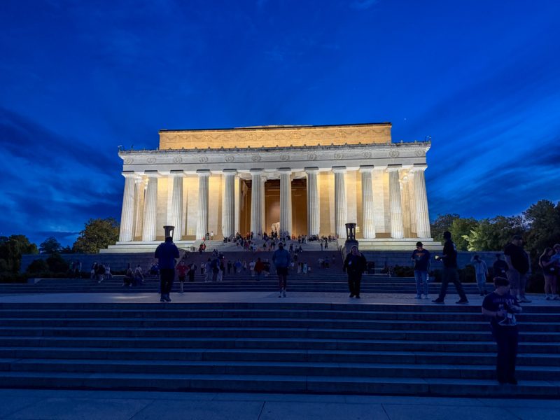 The Lincoln Memorial lit up at blue hour