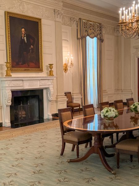 A formal dining room inside the White House on the public tour