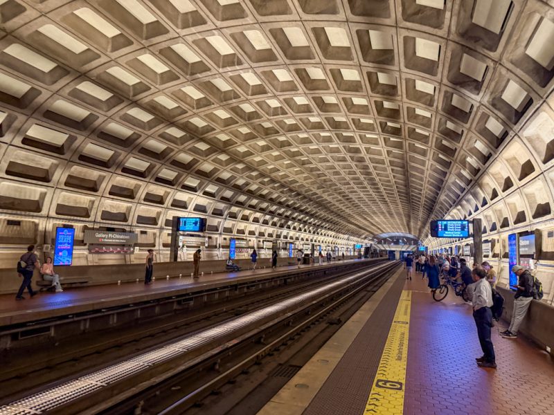 The vaulted ceiling of a Washington, DC, Metro station